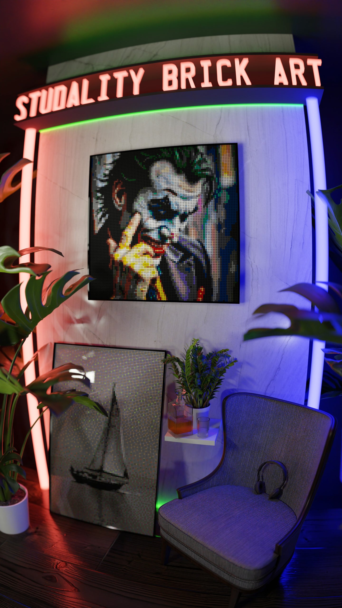 Tony Eats LEGO® Style mosaic wall art made from colorful plastic bricks
